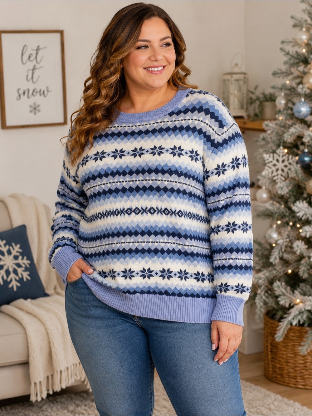 Holiday Time Blue and White Patterned Women’s Sweater XXL